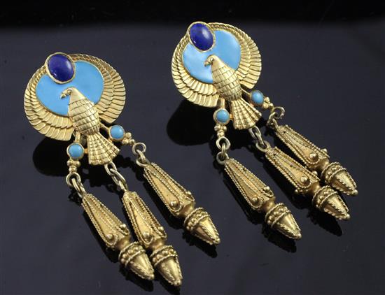 A pair of Egyptianesque style gilt metal, lapis lazuli and enamel tassel drop earrings.